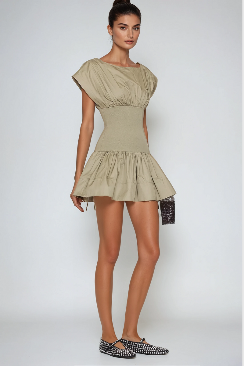 Amery Ruch Ruffle Deconstruct Mini Dress in Khaki