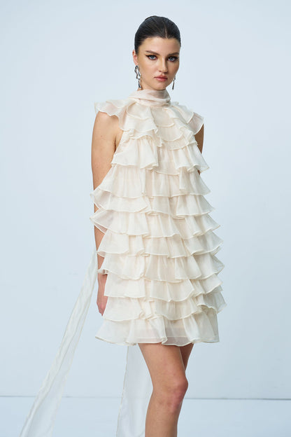 Ames Ruffle Ruch Sleeveless Mini Dress in Apricot