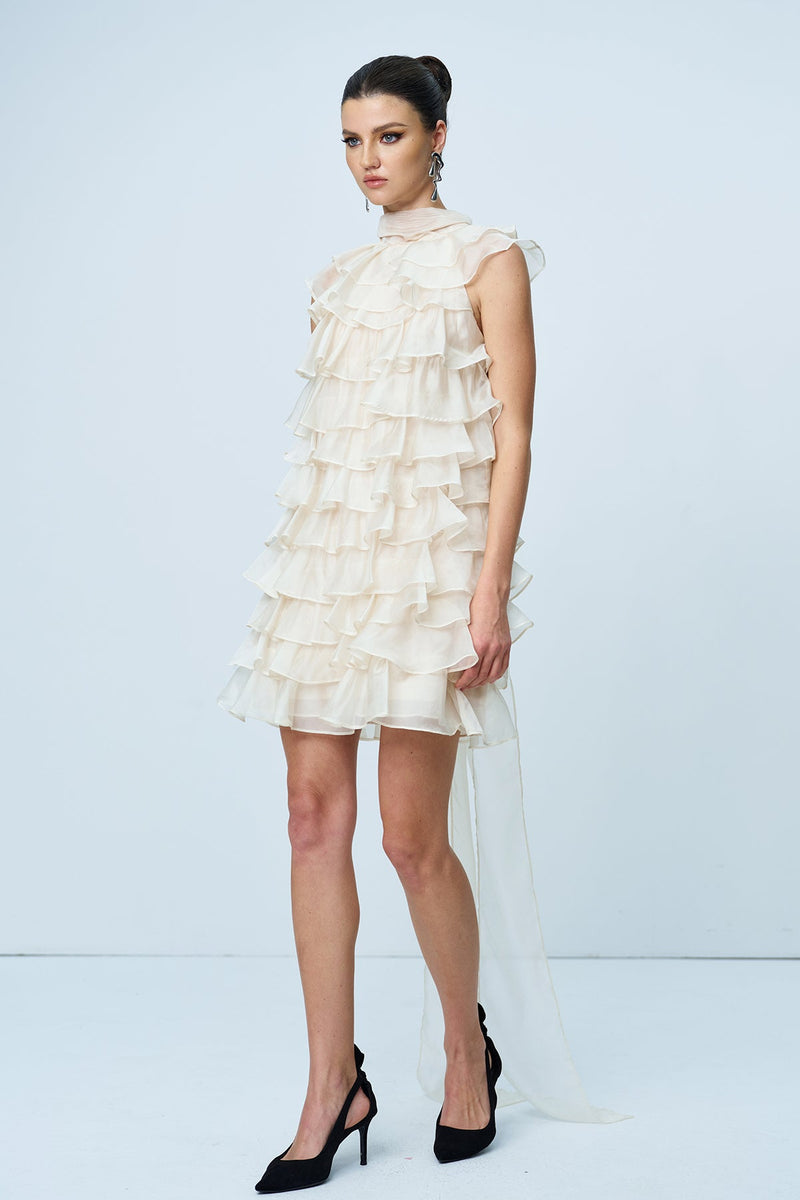 Ames Ruffle Ruch Sleeveless Mini Dress in Apricot