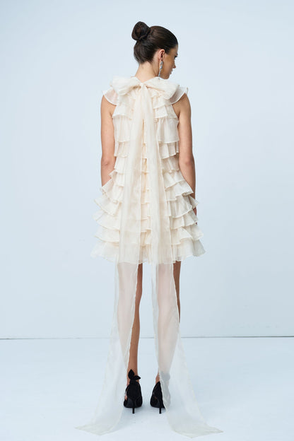 Ames Ruffle Ruch Sleeveless Mini Dress in Apricot