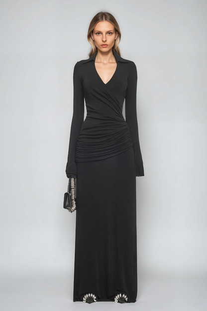 Amiah Ruch Lapel Maxi Dress in Black
