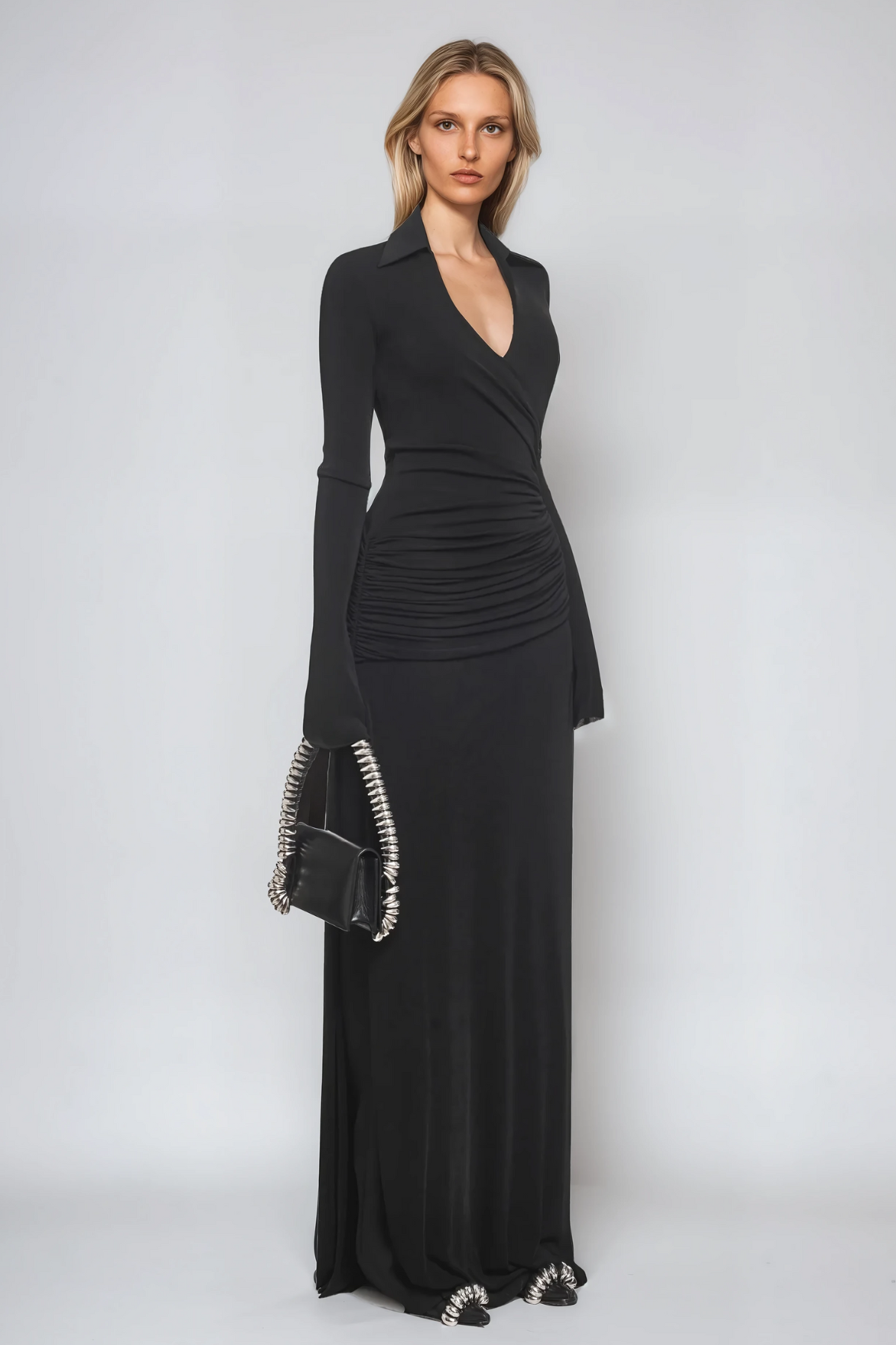 Amiah Ruch Lapel Maxi Dress in Black