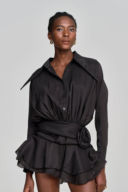 Amina Flower Ruch Ruffle Mini Dress in Black