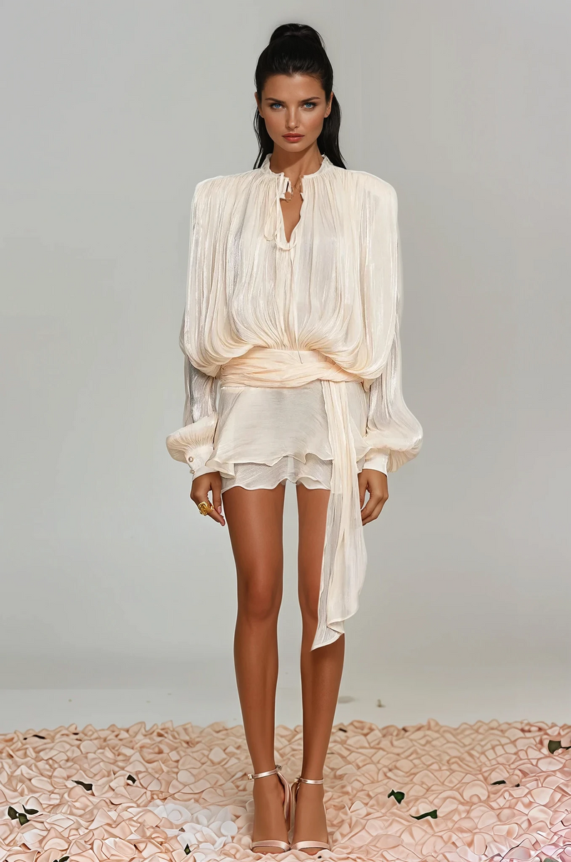 Aminah Balloon Sleeve Ruch Ruffle Mini Dress in Apricot