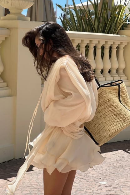 Aminah Balloon Sleeve Ruch Ruffle Mini Dress in Apricot