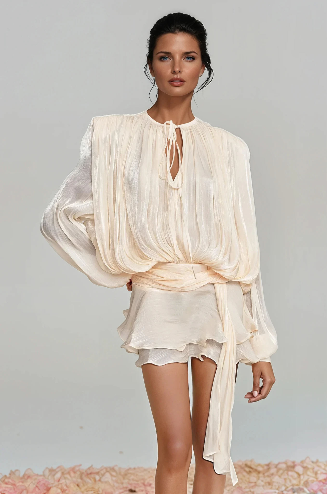 Aminah Balloon Sleeve Ruch Ruffle Mini Dress in Apricot