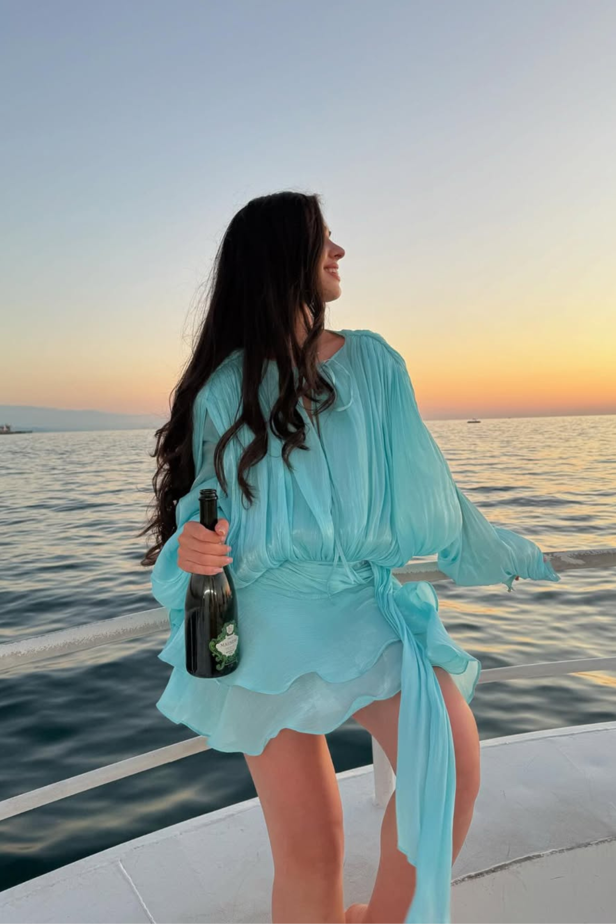 Aminah Balloon Sleeve Ruch Ruffle Mini Dress in Baby Blue