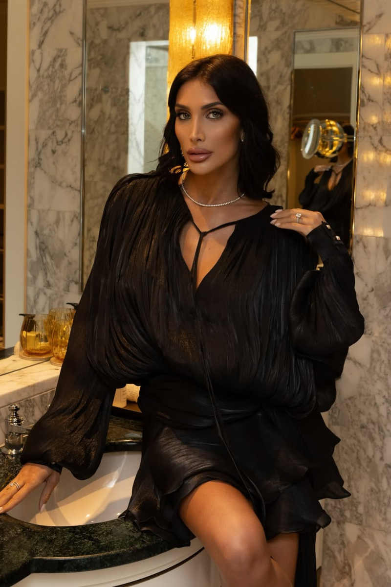 Aminah Balloon Sleeve Ruch Ruffle Mini Dress in Black