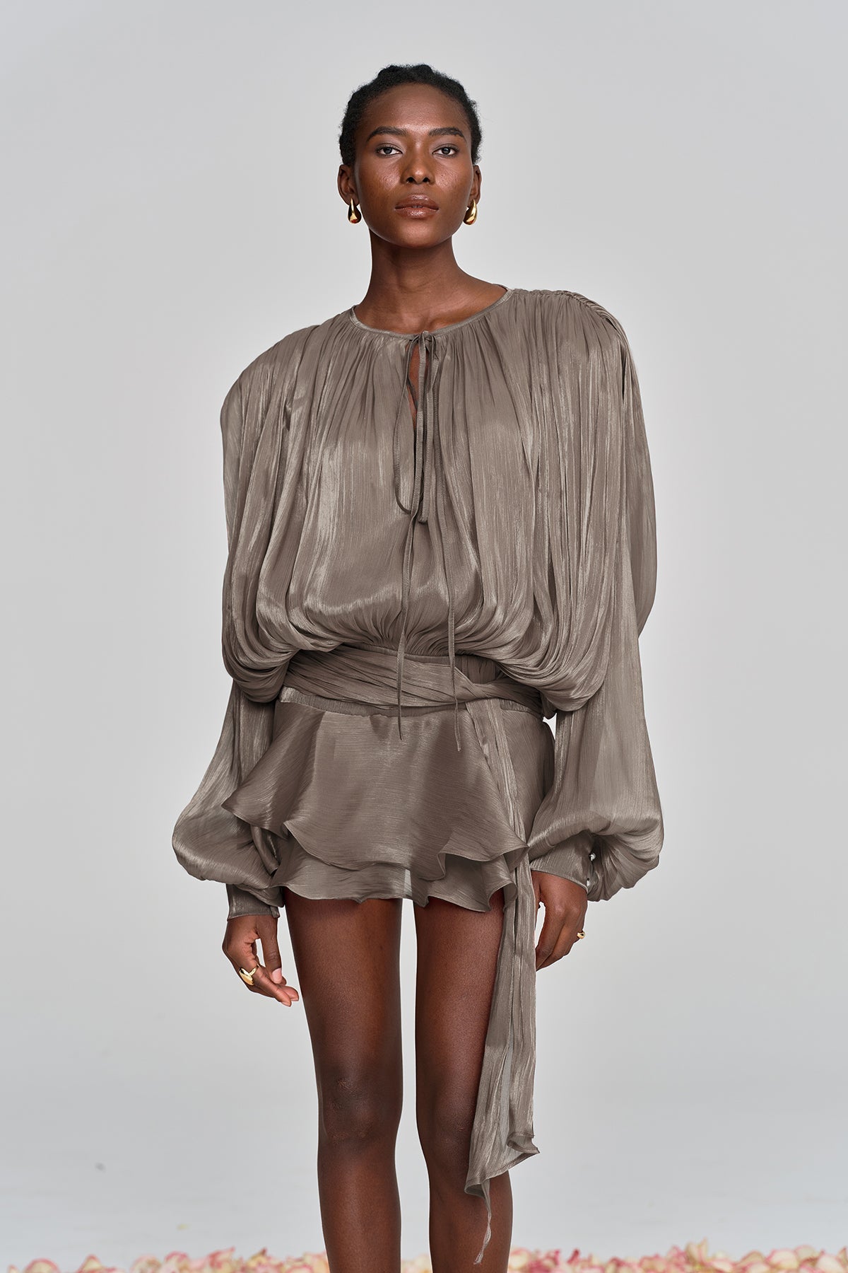 Aminah Balloon Sleeve Ruch Ruffle Mini Dress in Brown