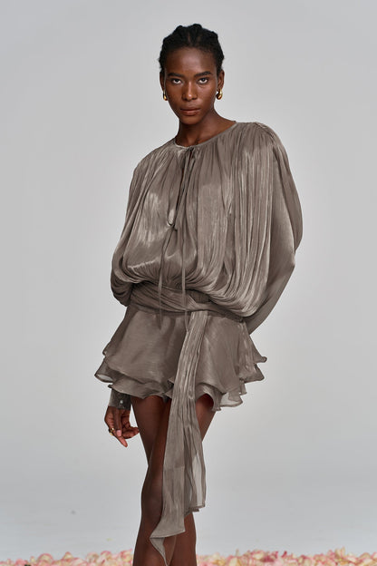 Aminah Balloon Sleeve Ruch Ruffle Mini Dress in Brown