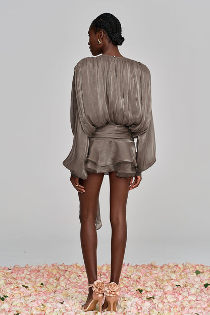 Aminah Balloon Sleeve Ruch Ruffle Mini Dress in Brown