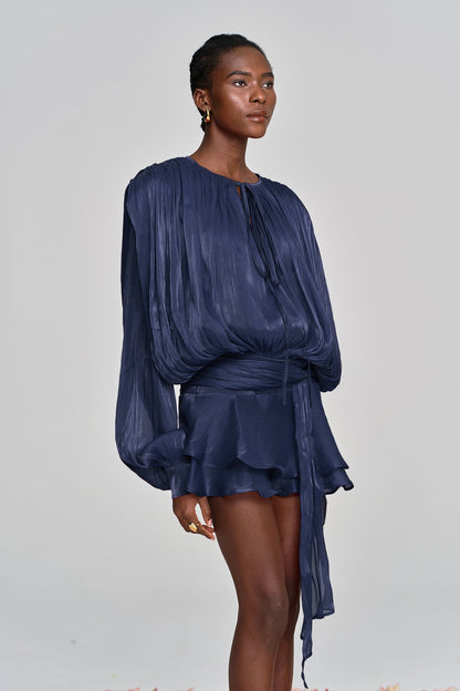 Aminah Balloon Sleeve Ruch Ruffle Mini Dress in Deep Blue