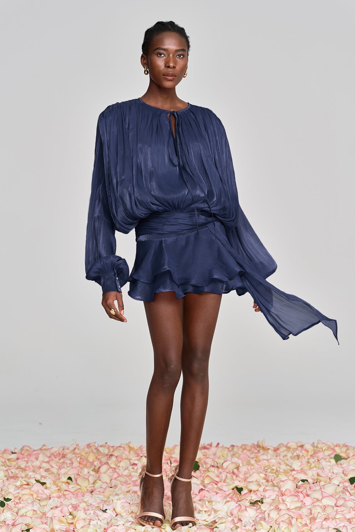 Aminah Balloon Sleeve Ruch Ruffle Mini Dress in Deep Blue