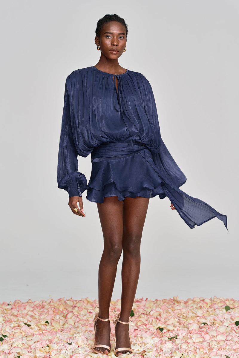 Aminah Balloon Sleeve Ruch Ruffle Mini Dress in Deep Blue