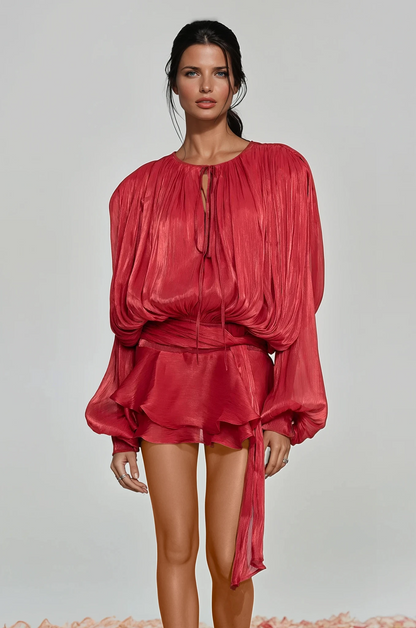 Aminah Balloon Sleeve Ruch Ruffle Mini Dress in Red