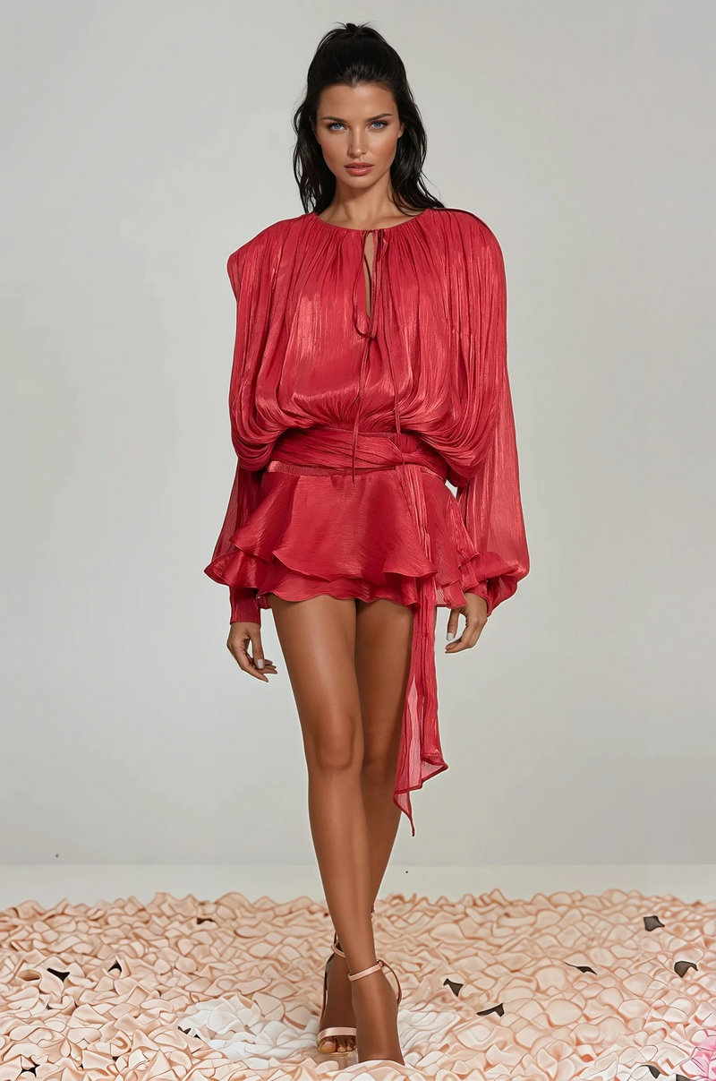 Aminah Balloon Sleeve Ruch Ruffle Mini Dress in Red