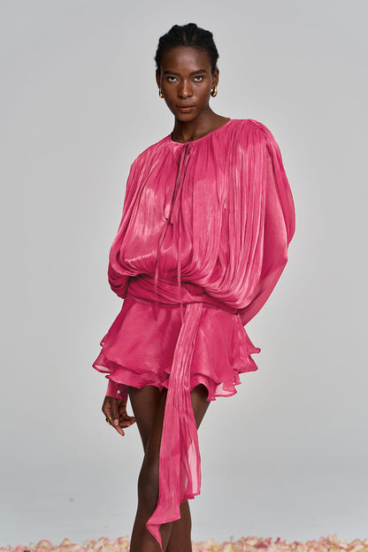 Aminah Balloon Sleeve Ruch Ruffle Mini Dress in Rose Red