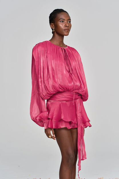 Aminah Balloon Sleeve Ruch Ruffle Mini Dress in Rose Red