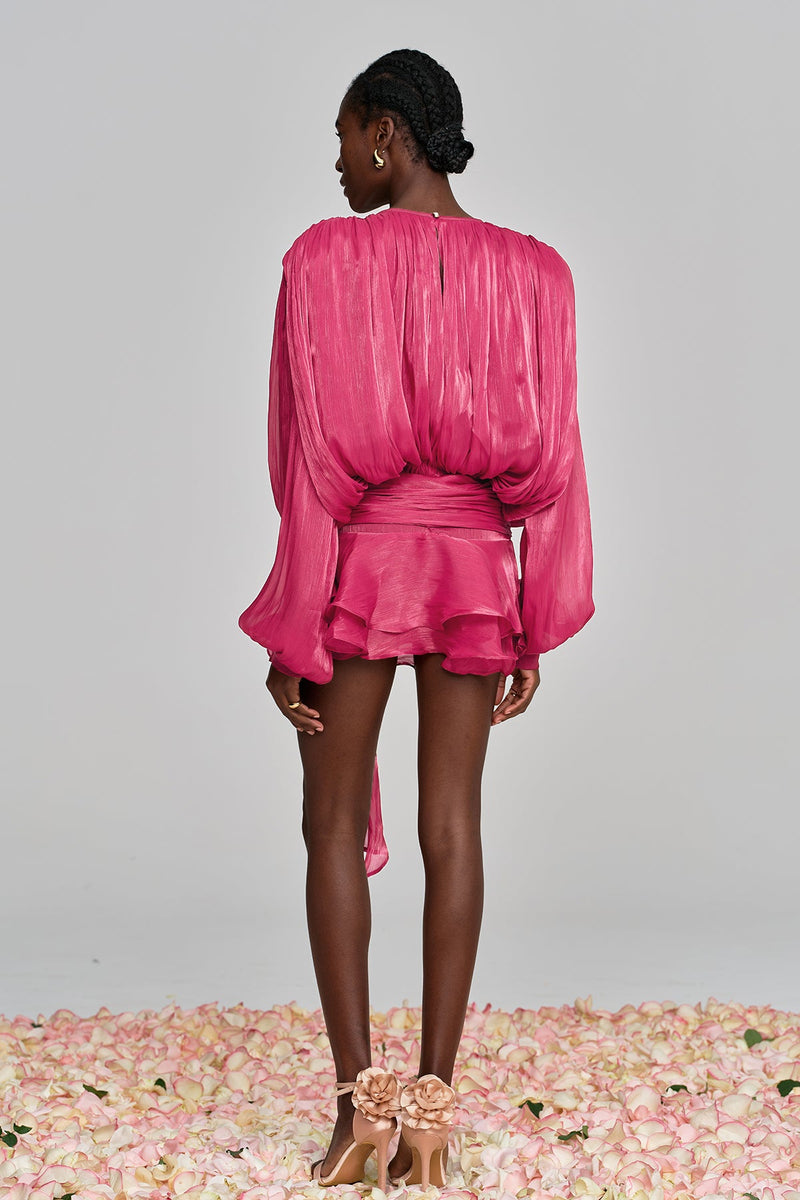 Aminah Balloon Sleeve Ruch Ruffle Mini Dress in Rose Red