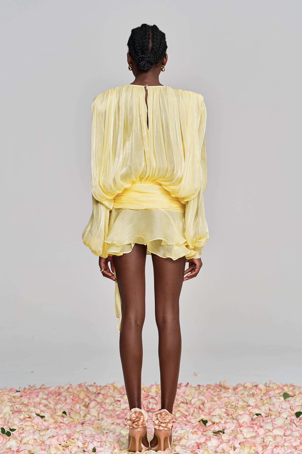 Aminah Balloon Sleeve Ruch Ruffle Mini Dress in Yellow