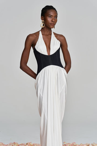 Aminia Halter Neck Ruch Deconstruct Maxi Dress