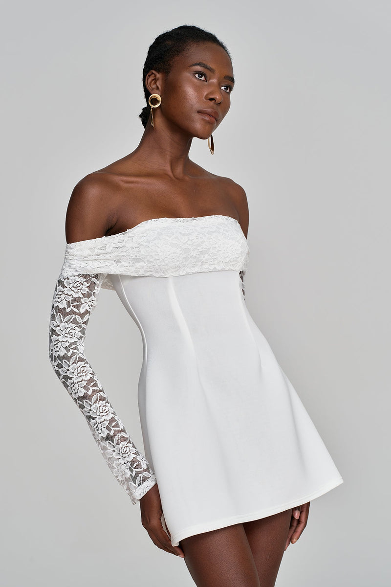 Amira Off Shoulder Lace Ruch Mini Dress