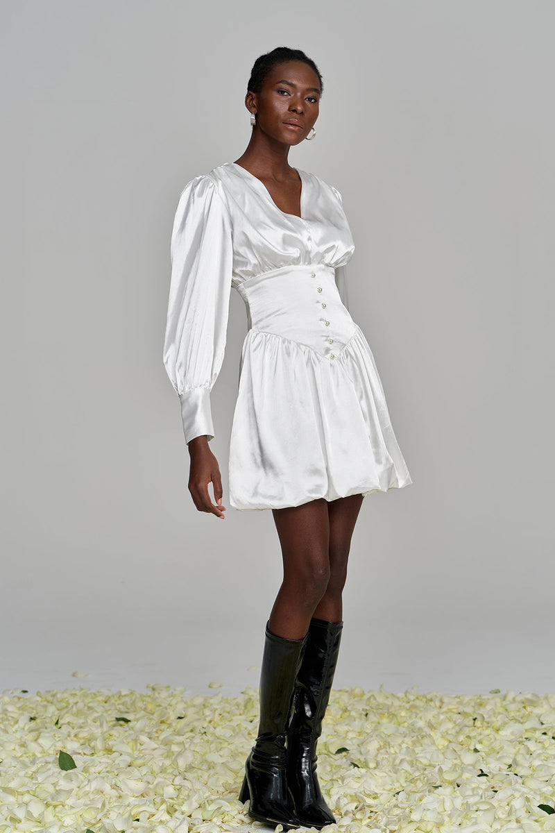 Amita V Neck Ruch Satin Mini Dress