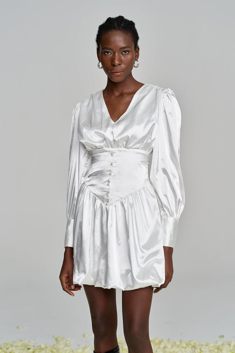 Amita V Neck Ruch Satin Mini Dress