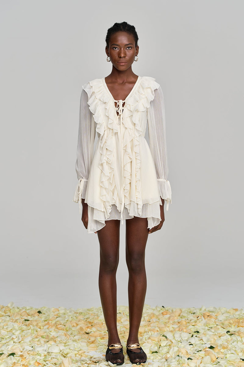 Amitabh Ruffle Lace Up Mesh Mini Dress