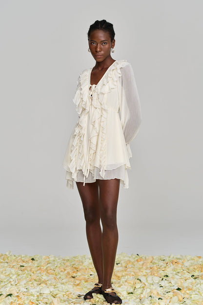 Amitabh Ruffle Lace Up Mesh Mini Dress