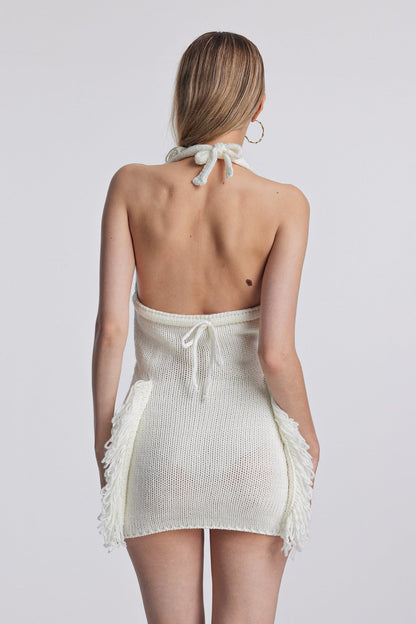 Anada Halter Neck Backless Fringe Knit Mini Dress