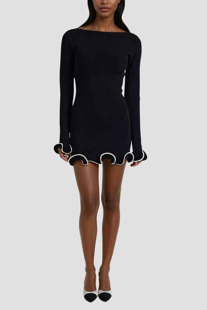 Anand Asymmetric Wavy Long Sleeve Mini Dress in Black