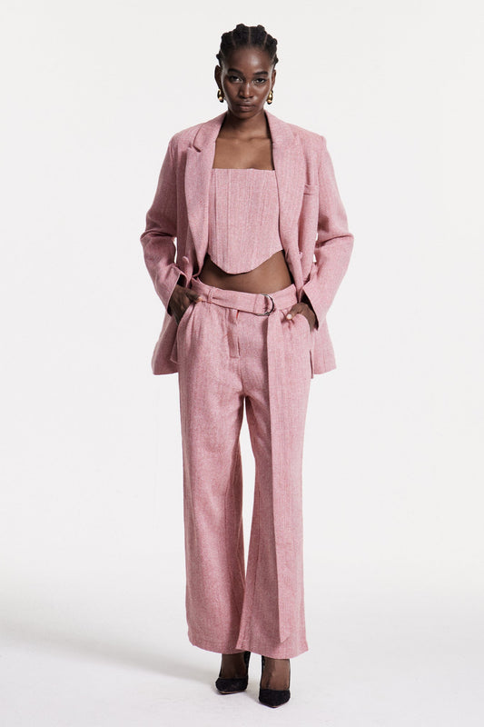 Anang Lapel Strapless Three Piece Pants Set in Pink