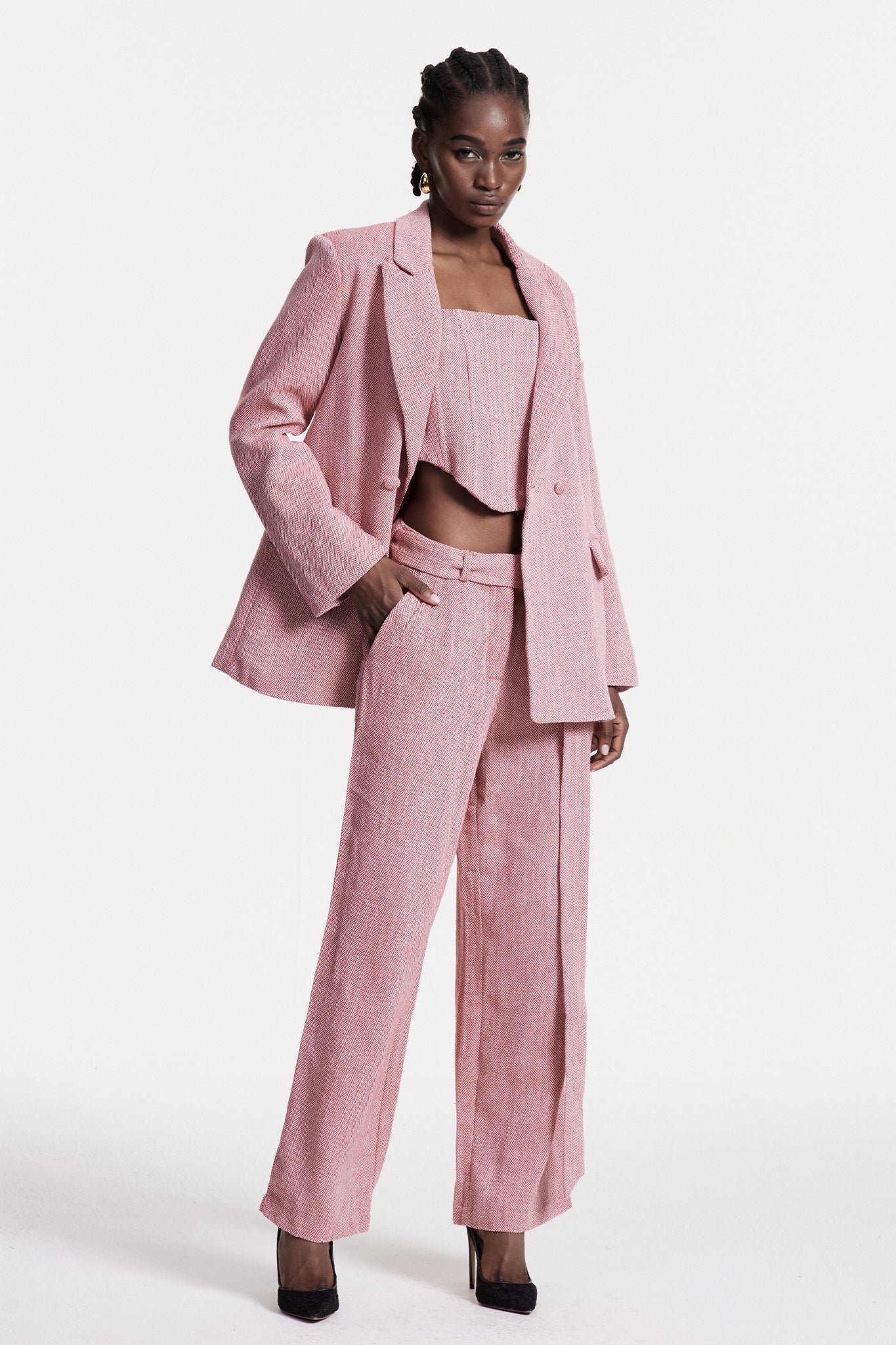 Anang Lapel Strapless Three Piece Pants Set in Pink