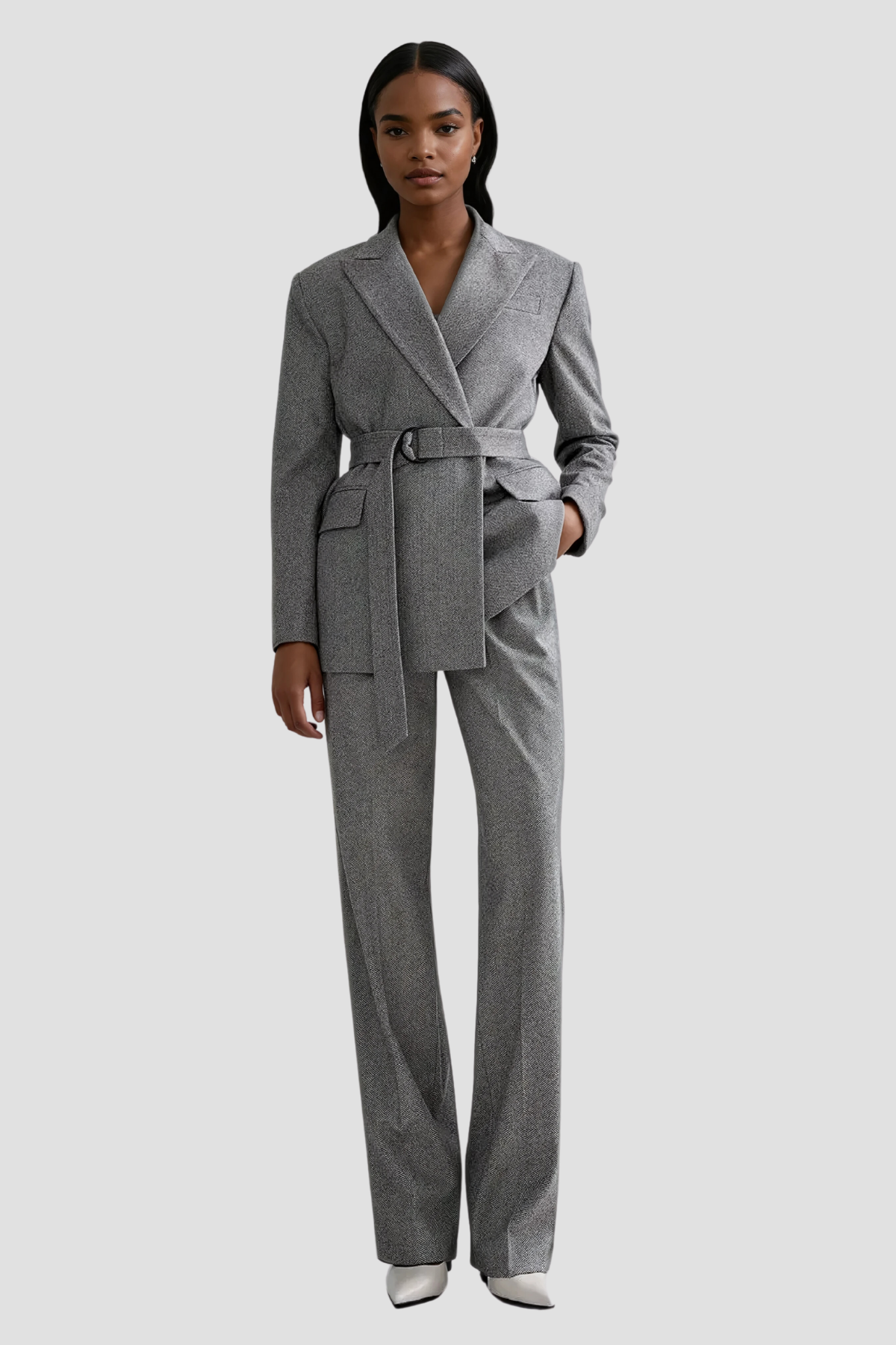 Anang Lapel Strapless Three Piece Pants Set in Grey