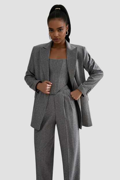 Anang Lapel Strapless Three Piece Pants Set in Grey