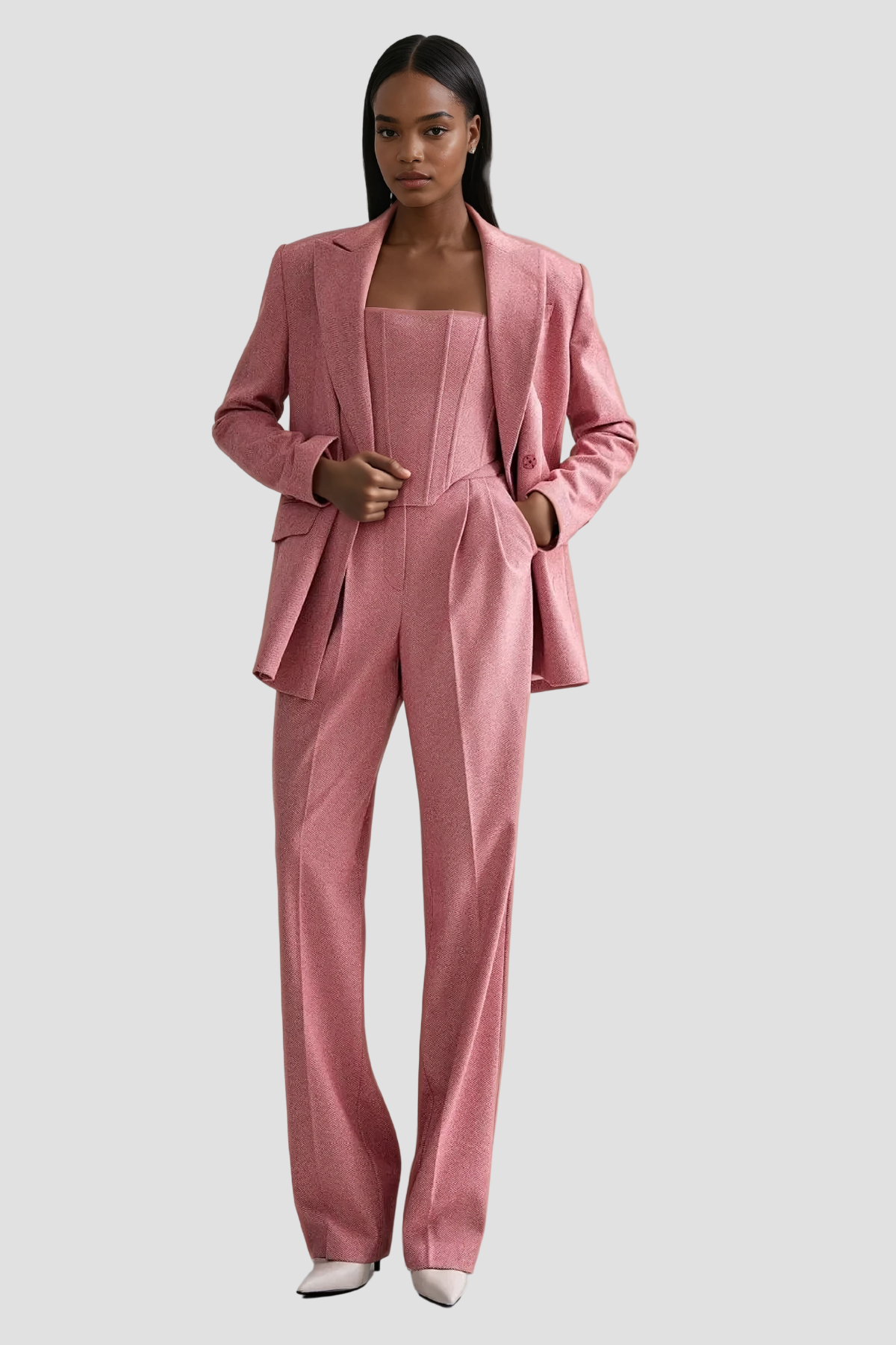 Anang Lapel Strapless Three Piece Pants Set in Pink