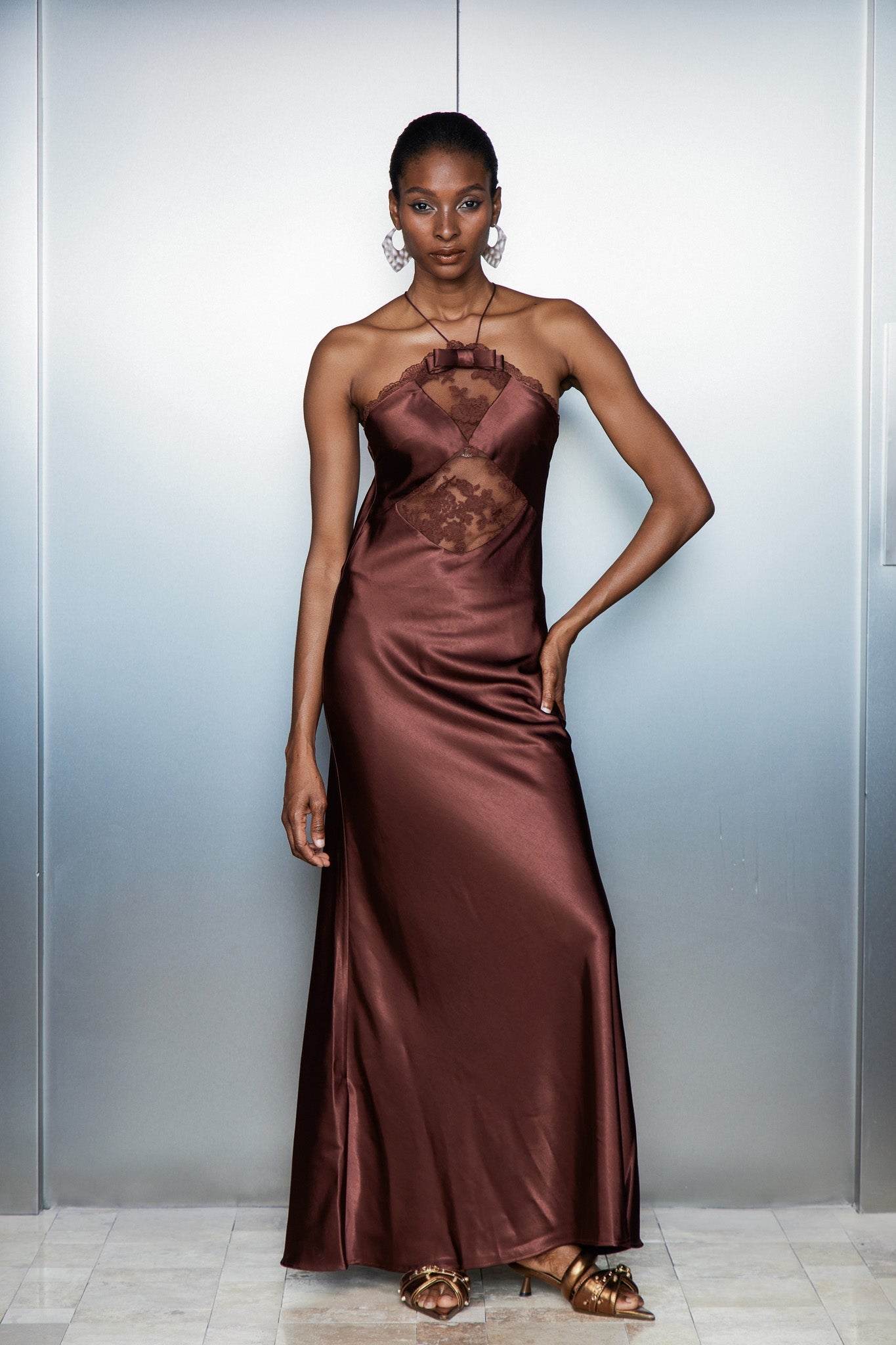 Anevay Lace Halter Neck Satin Maxi Dress