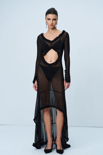 Aniya Off Shoulder Cutout Mesh Maxi Dress in Black