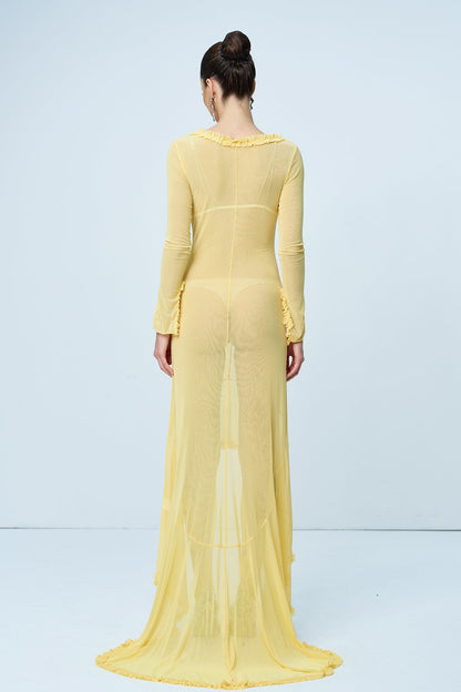 Aniya Off Shoulder Cutout Mesh Maxi Dress in Yellow