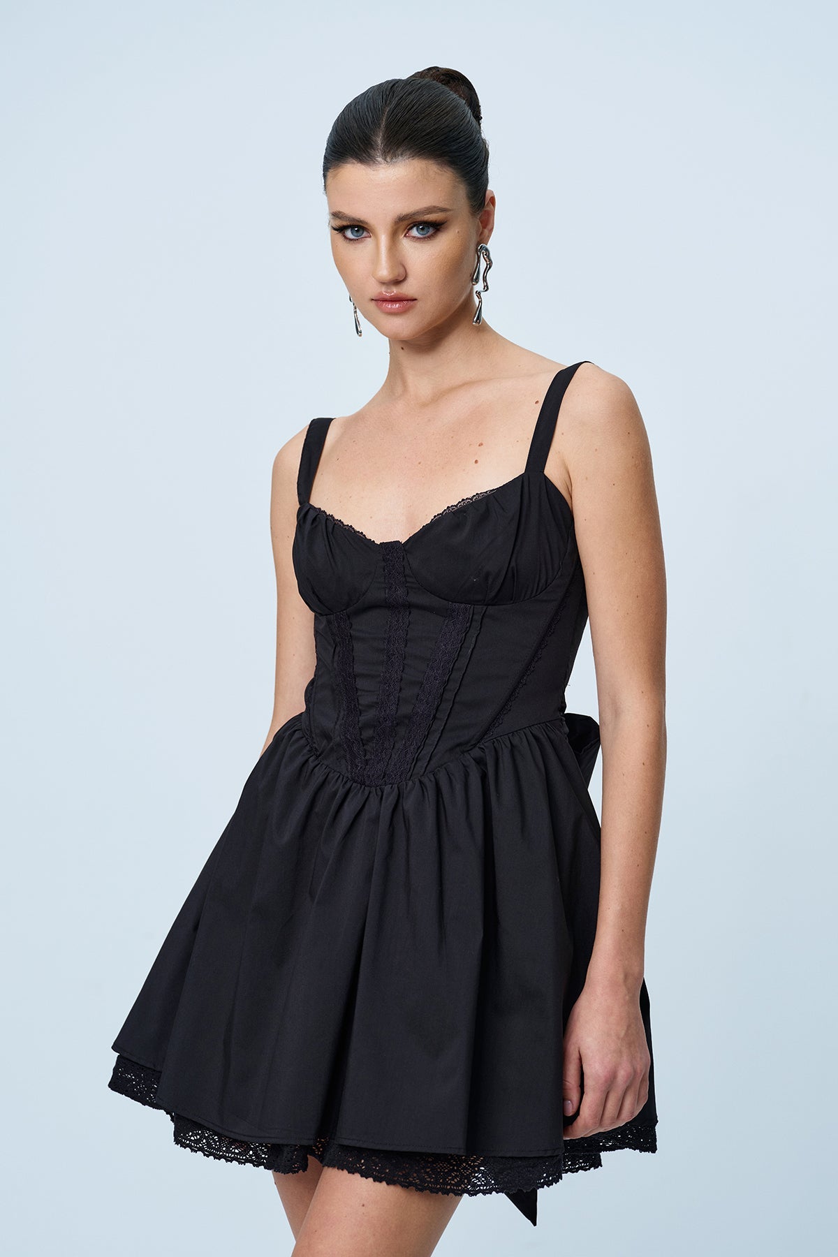Anjolie Bow Ruch Ruffle Mini Dress in Black