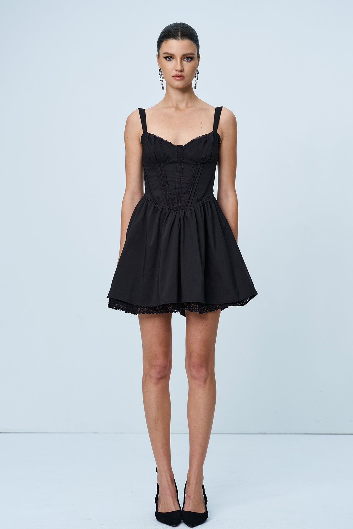 Anjolie Bow Ruch Ruffle Mini Dress in Black