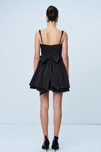 Anjolie Bow Ruch Ruffle Mini Dress in Black