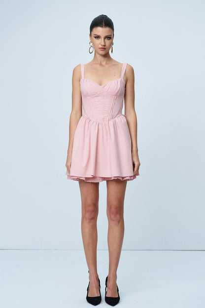 Anjolie Bow Ruch Ruffle Mini Dress in Pink