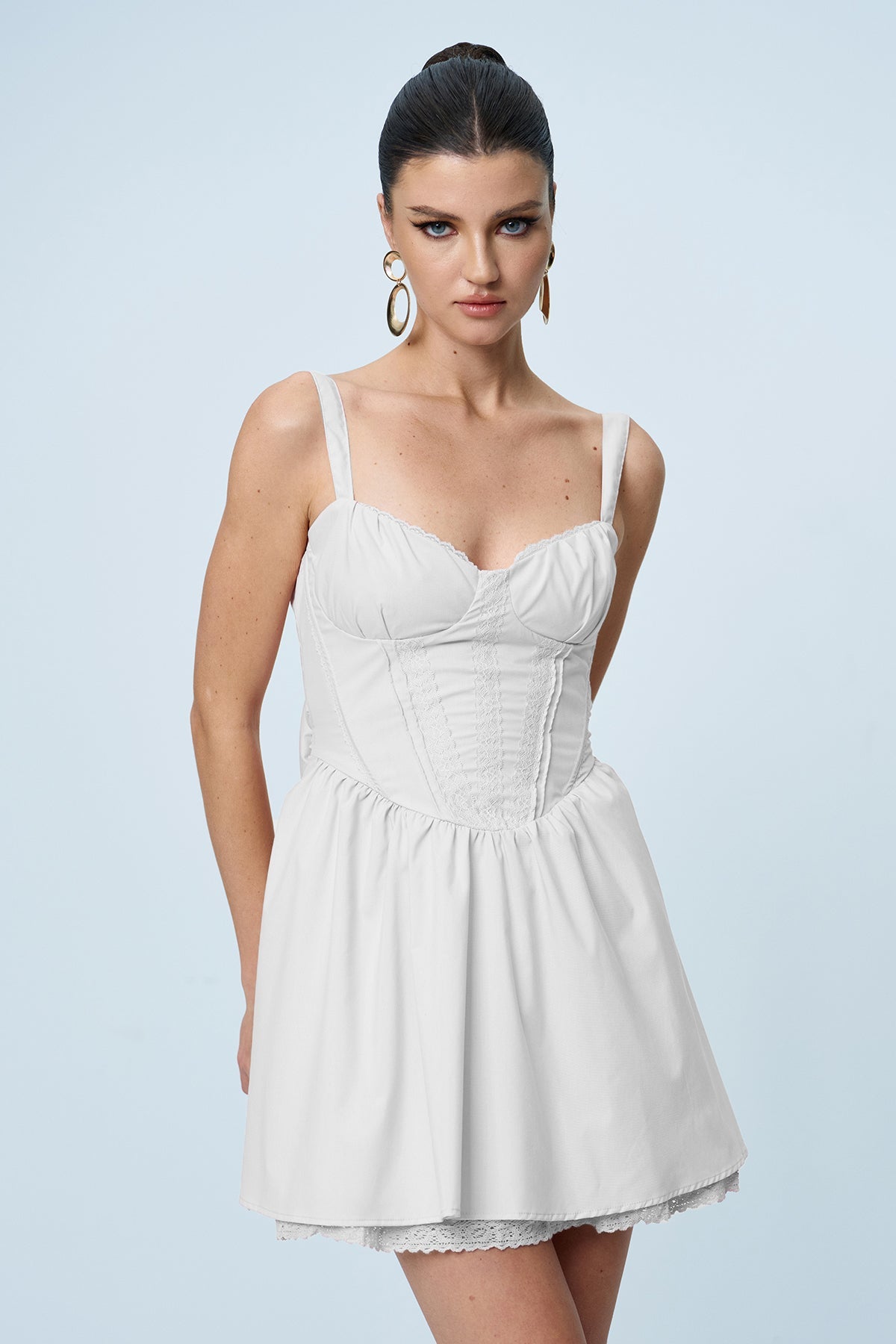 Anjolie Bow Ruch Ruffle Mini Dress in White