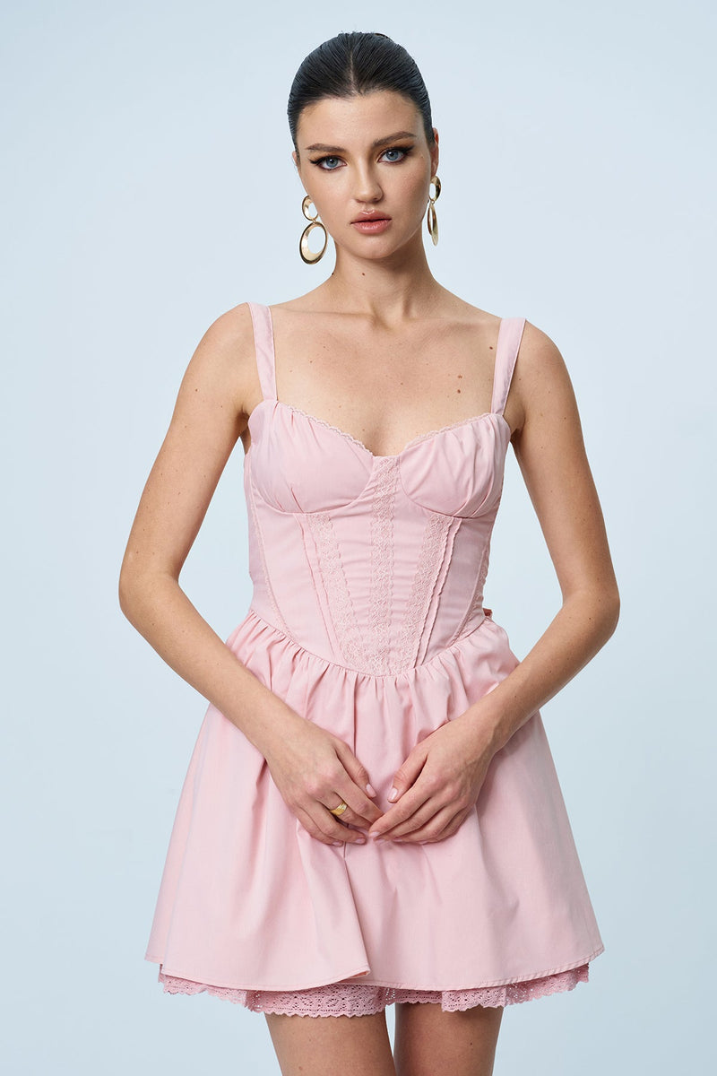 Anjolie Bow Ruch Ruffle Mini Dress in Pink