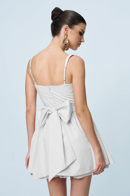 Anjolie Bow Ruch Ruffle Mini Dress in White