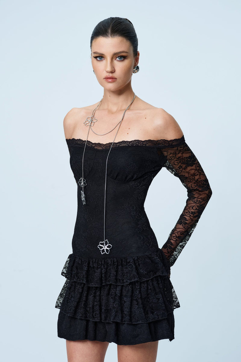 Ankti Lace Off Shoulder Ruffle Mini Dress
