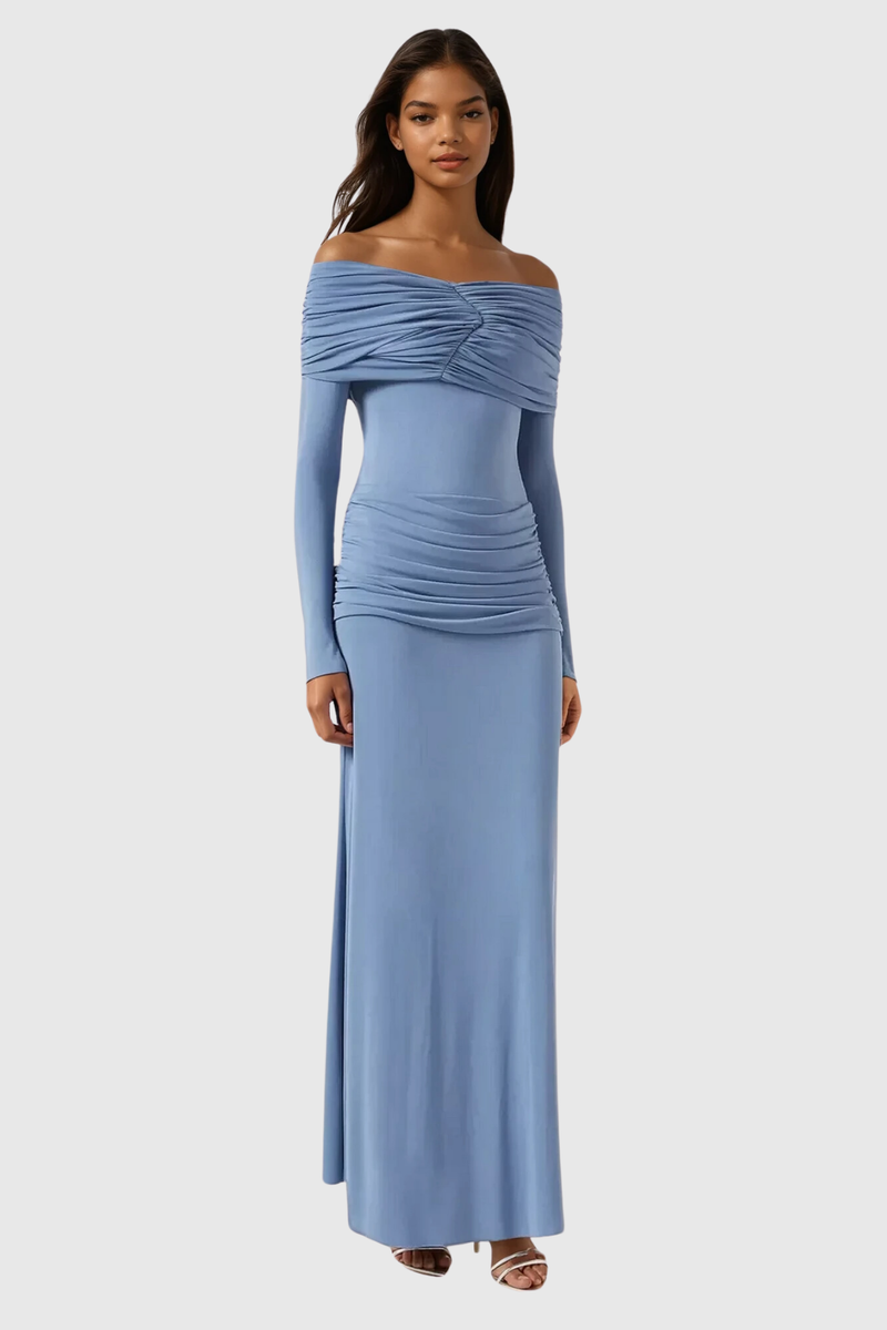 Anneke Off Shoulder Ruch Maxi Dress in Blue