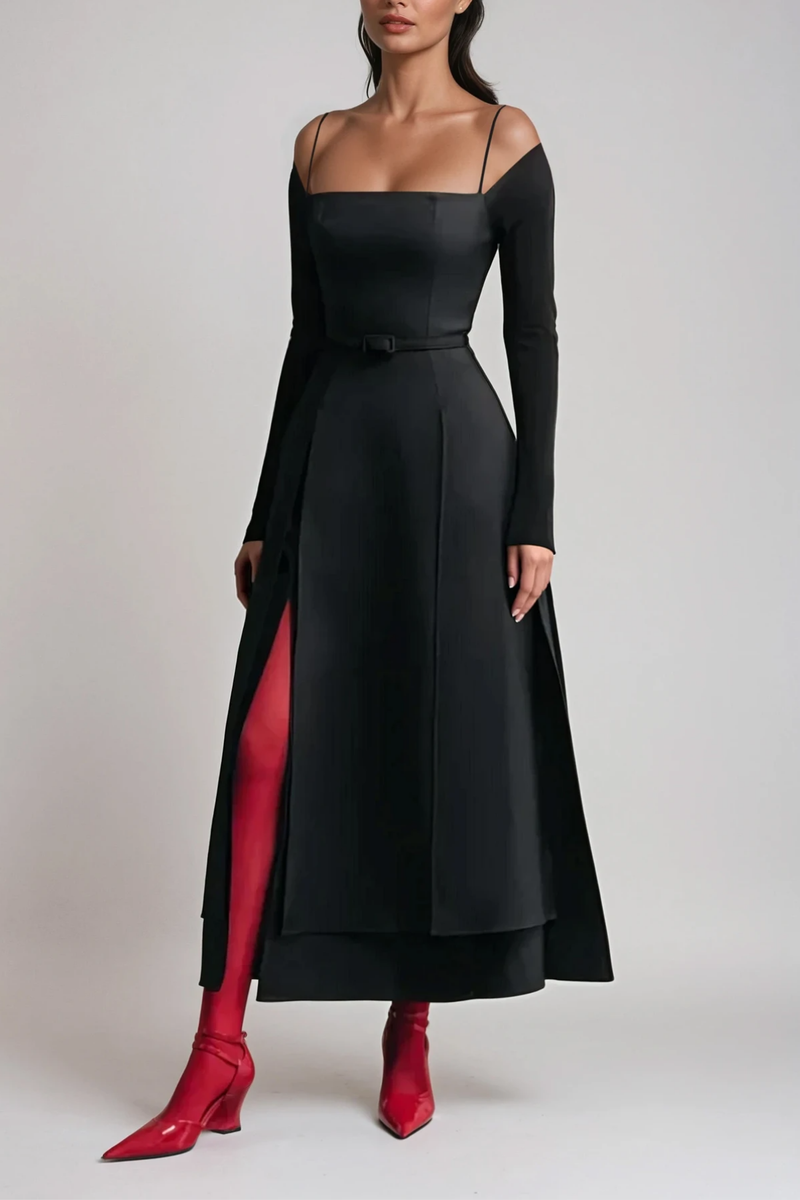 Annelien Lace Up Split Maxi Dress in Black